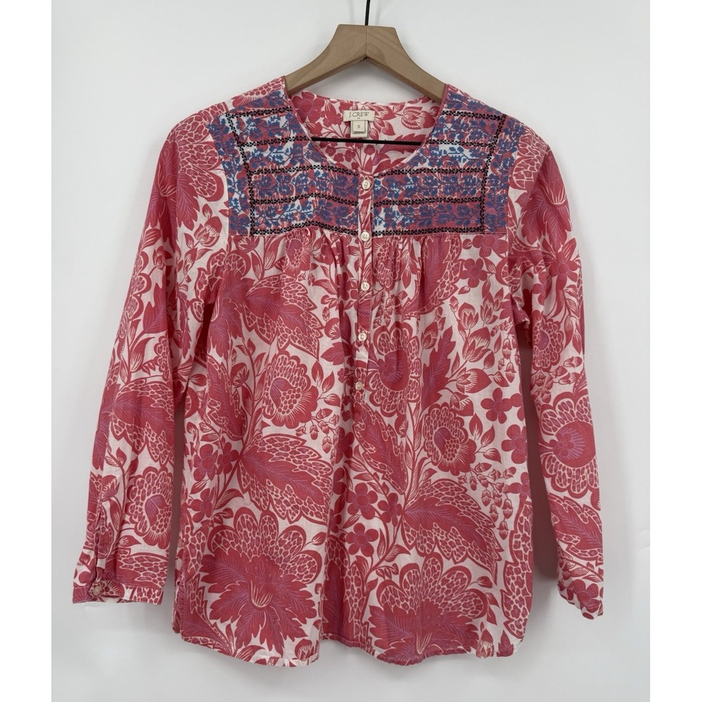 J Crew Shirt Womens Small Orange Blue Floral Embroidered Cotton Preppy Beach